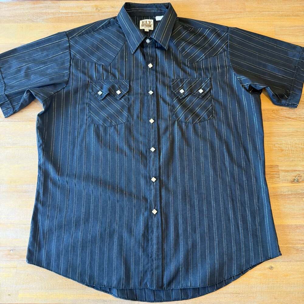 Ely Cattleman Black Metallic Pinstripe SS Western Diamond Pearl Snap Shirt XL